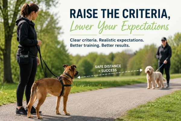Dog training criteria with reactive dog working at a safe distance